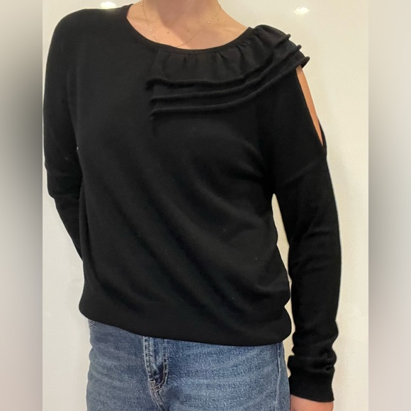 Neiman Marcus Asymmetric Ruffle Knit Top Sweater - Black - Picture 5 of 5